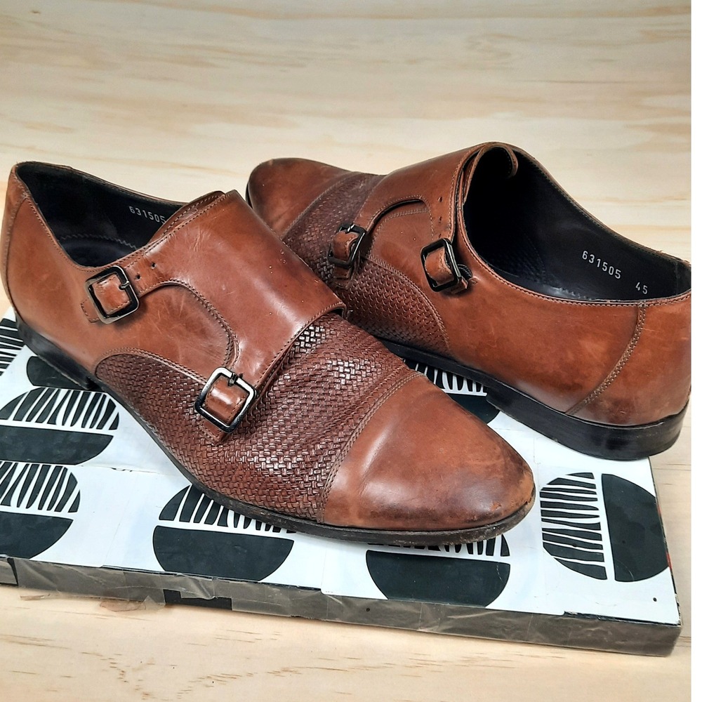 Canali Mens Brown Leather Woven Double Monk Strap Dress Shoes Size 45 12US‎